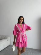 KETEN BEL BÜZGÜLÜ BLUZ-PANTOLON TAKIM - Fuşya resmi