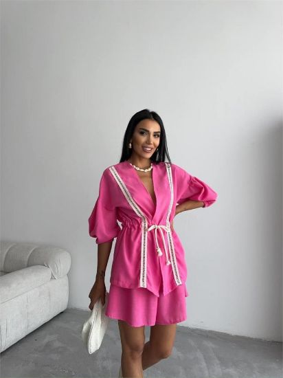 KETEN BEL BÜZGÜLÜ BLUZ-PANTOLON TAKIM - Fuşya resmi