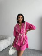 KETEN BEL BÜZGÜLÜ BLUZ-PANTOLON TAKIM - Fuşya resmi