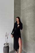 SANDY ELBİSE BÜZGÜ DETAYLI - Siyah resmi
