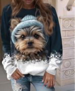 Kadın Uzun Kollu Bisiklet Yaka Köpek Baskılı şardonlu Dalgıç Bluz resmi
