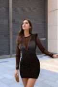Kadın Uzun Kollu Yuvarlak Yaka Dekolteli Taşlı Dalgıç Elbise resmi