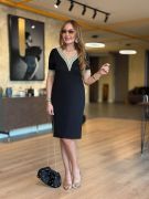 Kadın V Yaka Güpürlü İki İplik Elbise resmi