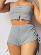 Kadın Ip Askılı Crop Bluz Ve Yanlardan Büzgülü Ikili Kaşkorse Short Takım resmi