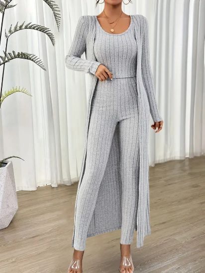 Kadın Yuvarlak Yaka Askılı Krop Bluz Yüksek Bel Tayt Ve Uzun Hırka şardonlu Kaşkorse üçlü Takım resmi