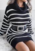 Kadın Uzun Kollu Degaje Yaka çizgili Sonya Iplik Mini Boy Triko Elbise (kemersiz) resmi
