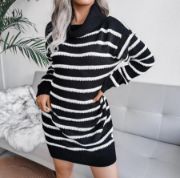 Kadın Uzun Kollu Degaje Yaka çizgili Sonya Iplik Mini Boy Triko Elbise (kemersiz) resmi