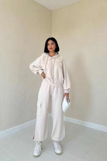 Bej Kapüşonlu Sweatshirt Ve Kargo Pantolon Takım resmi