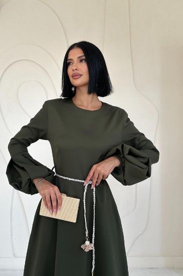 Haki Balon Kollu Kuşaklı Elbise resmi