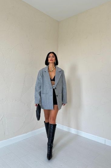 Gri Çizgili Oversize Ceket resmi