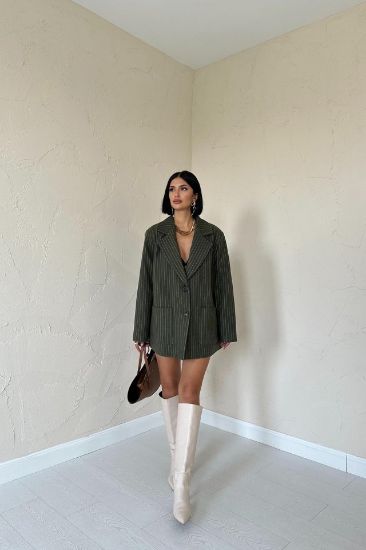 Haki Çizgili Oversize Ceket resmi
