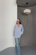 ÇİZGİLİ POLİN GÖMLEK BİYE ŞERİT DETAYLI - Mavi resmi