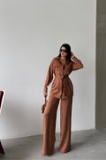 SİMLİ KUMAŞ SALAŞ PANTOLON - GÖMLEK TAKIM - Kahverengi resmi