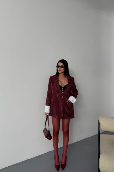 ÇİZGİLİ CEKET TEK DÜĞME EKRU MANŞET - Bordo resmi