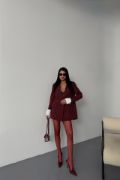 ÇİZGİLİ CEKET TEK DÜĞME EKRU MANŞET - Bordo resmi