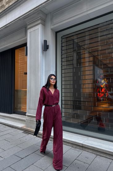 ÇİZGİLİ BLUZ  - PANTOLON TAKIM - Bordo resmi