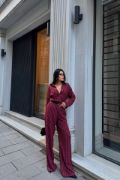 ÇİZGİLİ BLUZ  - PANTOLON TAKIM - Bordo resmi