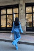 SATEN KRUVAZE BAĞLAMALI BLUZ- PANTOLON TAKIM - Mavi resmi