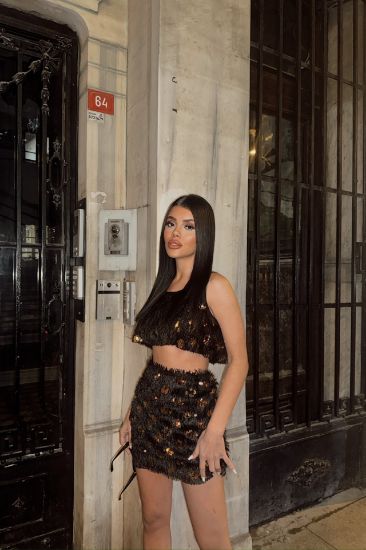 PÜSKÜL PAYET CROP BLUZ-KISA ETEK TAKIM - Gold resmi