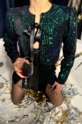 PULLU CROP BLUZ KURDELE BAĞLAMA DETAYLI - Yeşil resmi