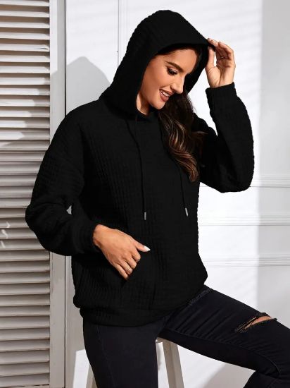 Kadın Uzun Kollu Kapşonlu Bağcıklı Cepli Capitone Sweatshirt resmi