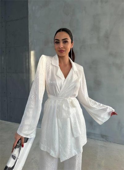 VİSKON JAKARLI BAĞLAMALI GÖMLEK - PANTOLON TAKIM - Beyaz resmi