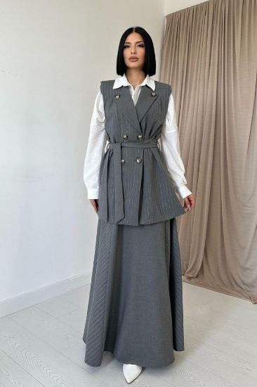 Gri Çizgili Uzun Çizgili Yelek Ve Etek Takım resmi