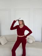 V Yaka Uzun Kollu Bluz İspanyol Paçalı Tayt İkili Takım - Bordo resmi
