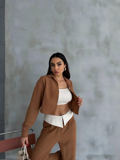 KETEN GÖMLEK-CROP-SALAŞ PANTOLON TAKIM - Kahverengi resmi