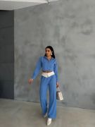 KETEN GÖMLEK-CROP-SALAŞ PANTOLON TAKIM - Mavi resmi