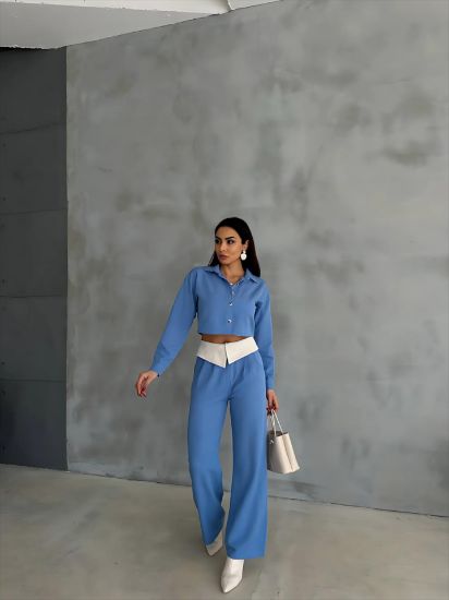KETEN GÖMLEK-CROP-SALAŞ PANTOLON TAKIM - Mavi resmi