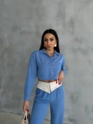 KETEN GÖMLEK-CROP-SALAŞ PANTOLON TAKIM - Mavi resmi