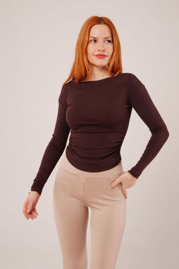 Yaka Detay Uzun Kollu Basic Kahverengi Bluz resmi