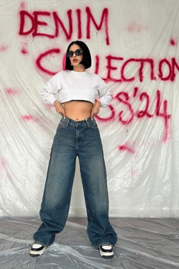 Lacivert Geniş Paça Jeans Pantolon resmi