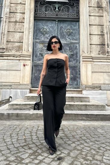 Siyah Straplez Düğmeli Crop Ve Pantolon Takım resmi