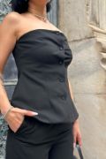 Siyah Straplez Düğmeli Crop Ve Pantolon Takım resmi