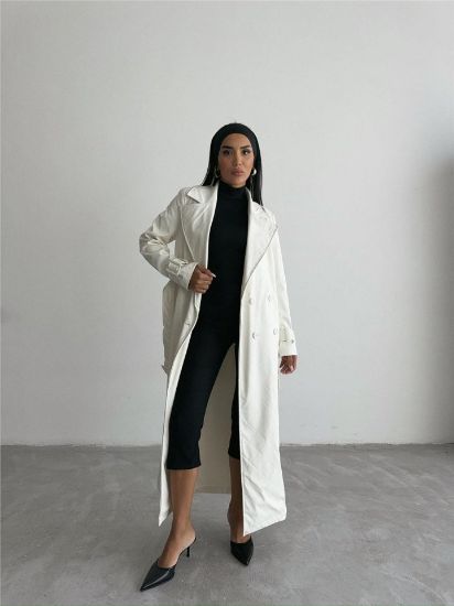 KAPİTONE DERİ TRENCH - Beyaz resmi