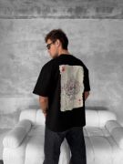 Ön Ve Arka Baskılı Oversize Bisiklet Yaka T-shirt - Siyah resmi