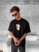 Ön Ve Arka Baskılı Oversize Bisiklet Yaka T-shirt - Siyah resmi