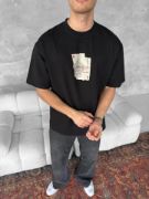 Ön Ve Arka Baskılı Oversize Bisiklet Yaka T-shirt - Siyah resmi