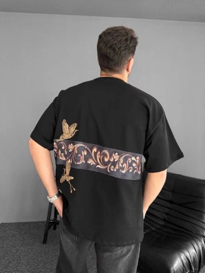 Ön Ve Arka Baskılı Oversize Bisiklet Yaka T-shirt - Siyah resmi