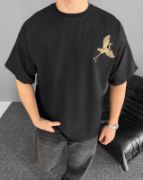 Ön Ve Arka Baskılı Oversize Bisiklet Yaka T-shirt - Siyah resmi
