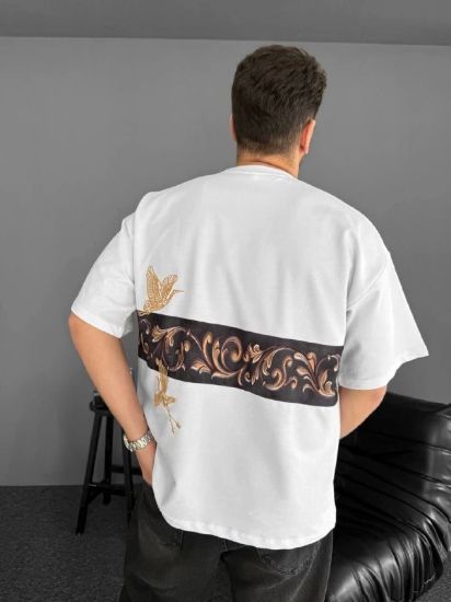 Ön Ve Arka Baskılı Oversize Bisiklet Yaka T-shirt - Beyaz resmi