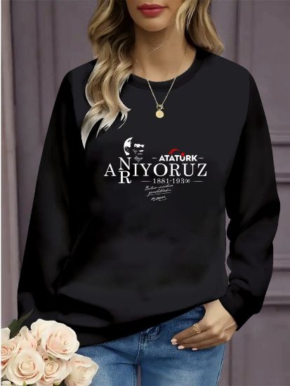 Kadın Uzun Kollu 10 Kasım Atatürkü Anma Gününe Özel Viskon İki İplik Kumaş Sweat resmi
