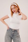 Boğazlı Parlak Kumaş Beyaz Crop resmi