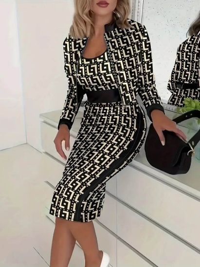 Kadın Uzun Kollu Askılı Yuvarlak Yaka Desenli Dalgıç Bluz Ceket Ve Etek üçlü Takım resmi