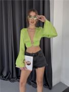 SATEN CROP TOKA DETAYLI BLUZ - Yeşil resmi