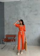 KETEN CROP KARPUZ KOL BLUZ-PANTOLON HASIR KEMERLİ - Orange resmi