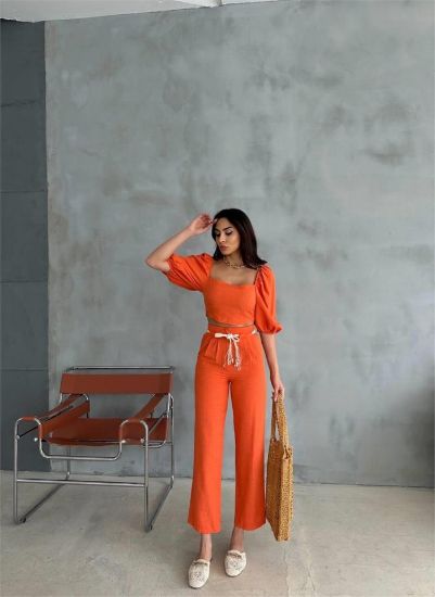 KETEN CROP KARPUZ KOL BLUZ-PANTOLON HASIR KEMERLİ - Orange resmi