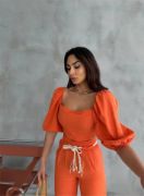 KETEN CROP KARPUZ KOL BLUZ-PANTOLON HASIR KEMERLİ - Orange resmi